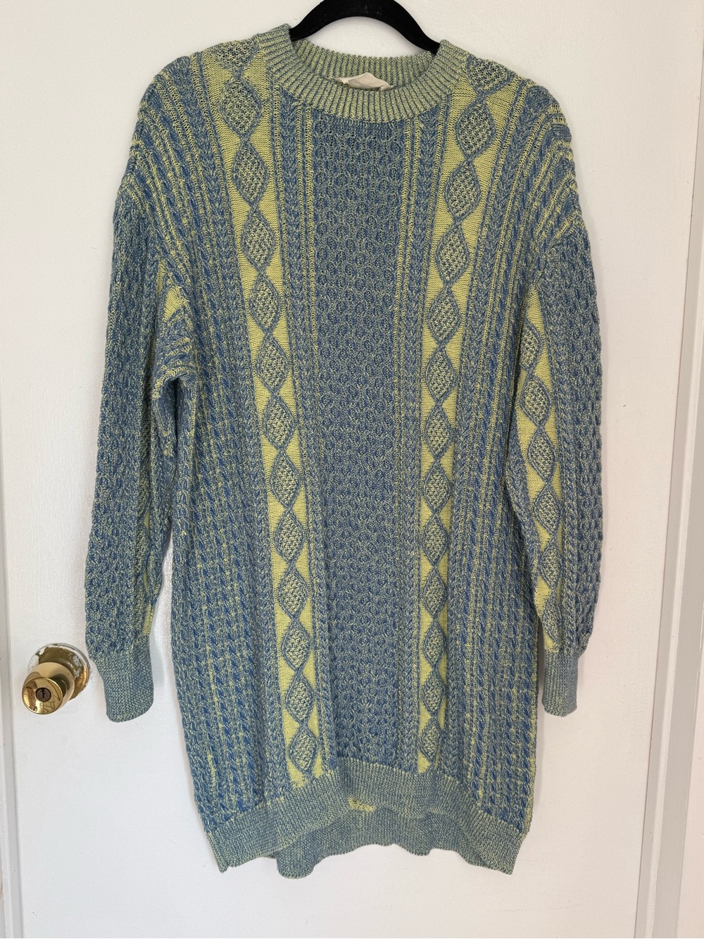 Back Beat Co. Crewneck Cable Knit Dress in Blue and Pale Yellow